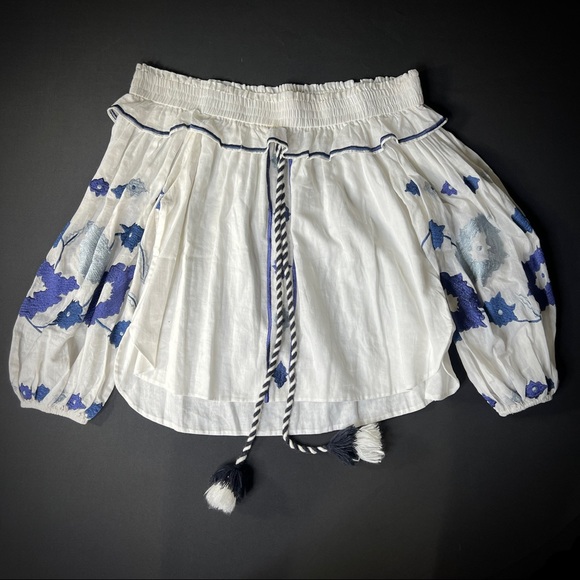 MISA LA Selena off shoulder peasant boho white top w blue embroidery/S - Picture 2 of 10